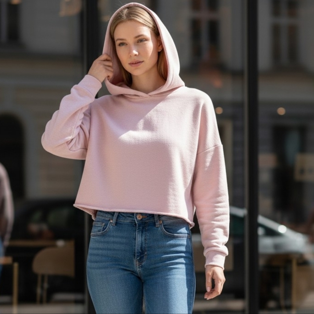 H&M Light Beige Cropped Hoodie with Empowered Image